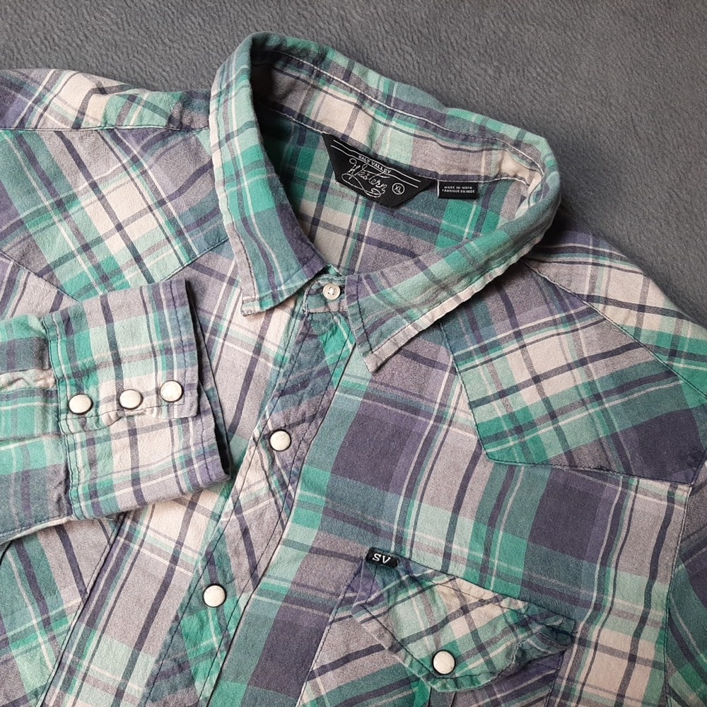 Salt Valley Shirt Mens Extra Large Blue White Plaid Pearl Snap Western Cowboy